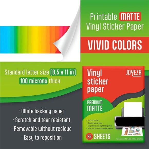 Premium Printable Vinyl Sticker Paper for Inkjet Printer - 25 Sheets Matte White - Picture 2 of 7